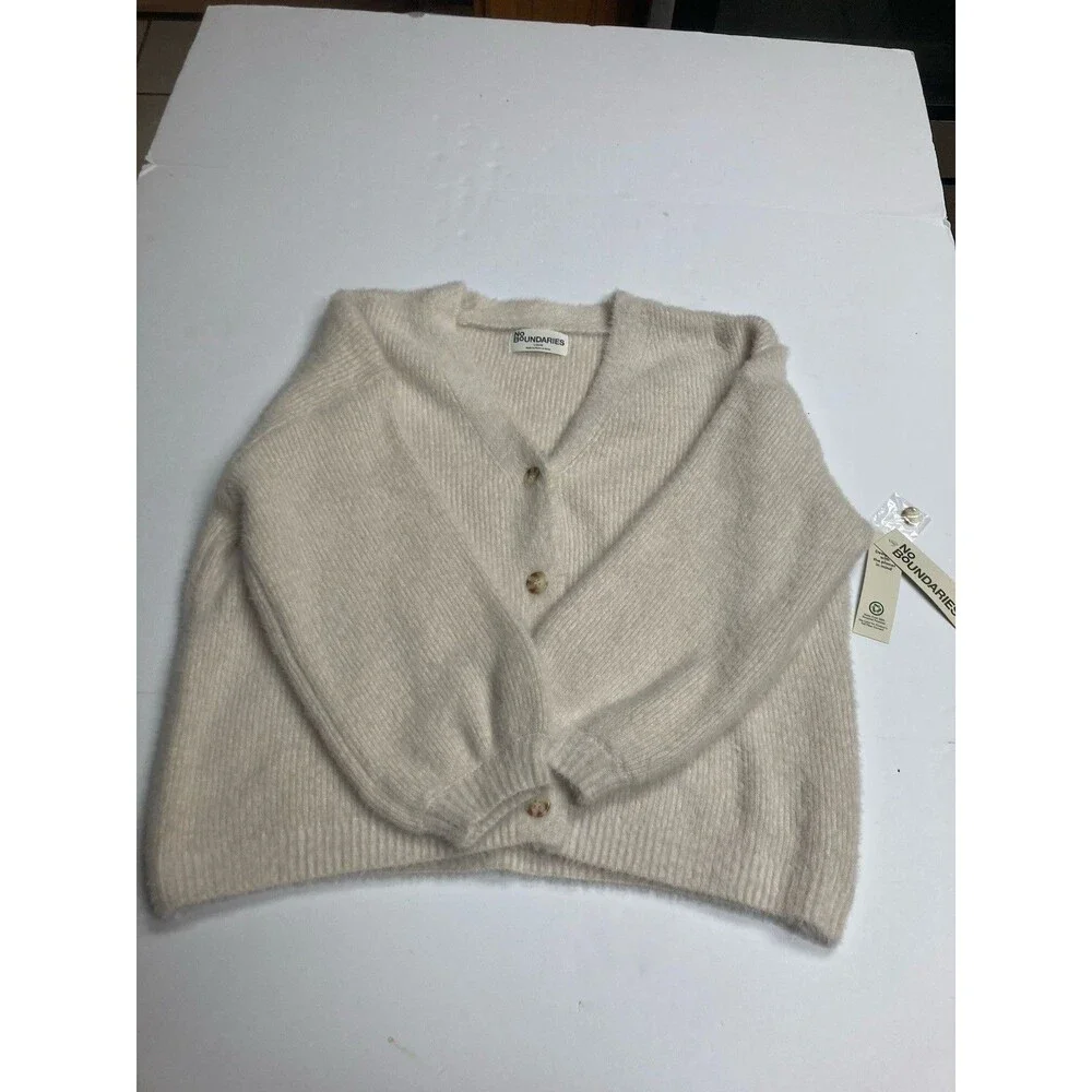 No Boundaries Girls L (12-14) Knit Cardigan Sweater Button Front V-Neck Beige